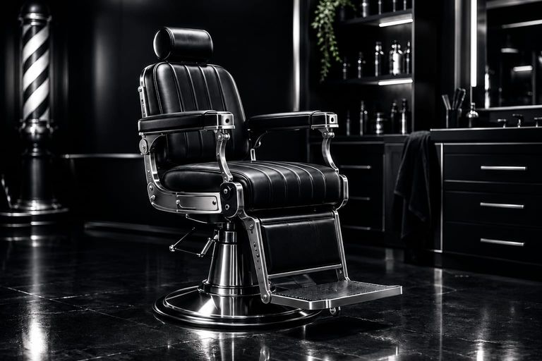 Sillón de barbería negro con herrajes cromados